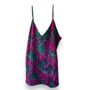 Sleeveless V-Neck Satin Camisole - Purple & Teal Print